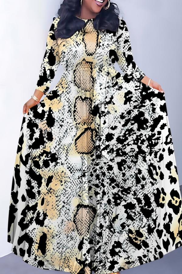 White Casual Snakeskin Print Leopard Tiger Stripes Pocket With Belt Contrast O Neck Printed Dresses