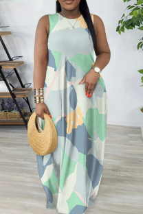 Light Blue Casual Colorblock Print Gradient Pocket Contrast O Neck Printed Dresses