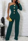 Ink Green Casual Daily Elegant Solid Color Backless Oblique Collar Bodycon Jumpsuits