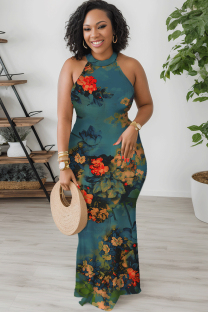 Peacock Blue Sexy Floral Print Contrast O Neck Printed Dresses