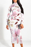 Pink Elegant Floral Print Contrast Turtleneck Printed Dresses