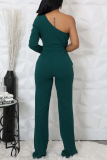 Ink Green Casual Daily Elegant Solid Color Backless Oblique Collar Bodycon Jumpsuits
