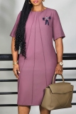 Pink Casual Daily Solid Color Flowers O Neck A Line Dresses