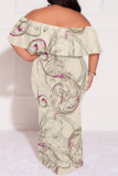 Apricot Sexy Floral Print Flounce Off Shoulder Printed Plus Size Dresses