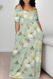 Light Green Casual Geometric Print Flowers Contrast V Neck Printed Dresses