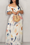 Light Green Casual Geometric Print Flowers Contrast V Neck Printed Dresses