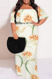 Apricot Sexy Floral Print Flounce Off Shoulder Printed Plus Size Dresses