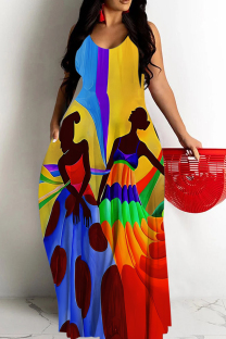 Blue Yellow Sexy Graffiti Print portrait Pocket Contrast U Neck Sling Dresses