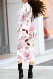 Pink Elegant Floral Print Contrast Turtleneck Printed Dresses