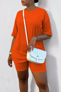 Orange Red Casual Solid Color Patchwork O Neck Short Sleeve Two Pieces