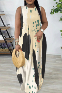 Beige Casual Colorblock Print Gradient Pocket Contrast O Neck Printed Dresses