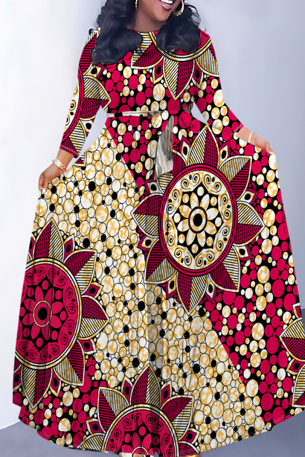 Rose Red Casual Snakeskin Print Leopard Tiger Stripes Pocket With Belt Contrast O Neck Printed Dresses