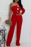 Ink Green Casual Daily Elegant Solid Color Backless Oblique Collar Bodycon Jumpsuits