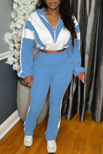 Blue Casual Sportswear Daily Patchwork Contrast Zipper Collar Long Sleeve Two Pieces