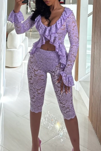 Purple Sexy Solid Color Lace Patchwork V Neck Long Sleeve Two Pieces