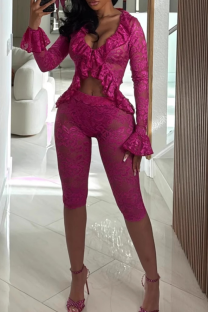 Rose Red Sexy Solid Color Lace Patchwork V Neck Long Sleeve Two Pieces