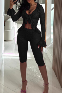 Black Sexy Solid Color Lace Patchwork V Neck Long Sleeve Two Pieces