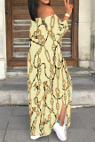 Light Gray Sexy Chain print Slit Contrast Off Shoulder Printed Dresses