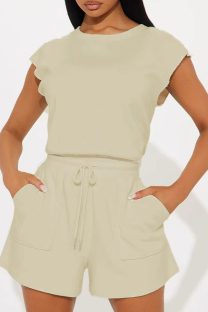 Beige Casual Sportswear Daily Solid Color O Neck Short Sleeve Two Pieces