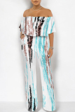 Purple Sexy Colorblock Floral Print Pocket Ruffle Off Shoulder Loose Jumpsuits