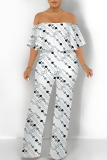 Purple Sexy Colorblock Floral Print Pocket Ruffle Off Shoulder Loose Jumpsuits