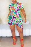 Beige Casual Geometric Print Irregular Contrast O Neck Printed Short Sleeve Dress