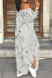 Light Gray Sexy Chain print Slit Contrast Off Shoulder Printed Dresses