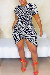 Black And White Casual Geometric Print Irregular Contrast O Neck Printed Short Sleeve Dress