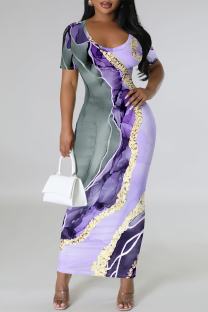 Gray Purple Elegant Gradient Print Contrast O Neck Printed Short Sleeve Dress