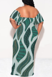 Orange Sexy Colorblock Print Flounce Contrast Off Shoulder Printed Dresses
