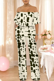 Beige Sexy Colorblock Floral Print Pocket Ruffle Off Shoulder Loose Jumpsuits