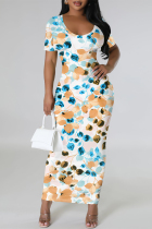 Blue Elegant Gradient Print Contrast O Neck Printed Short Sleeve Dress
