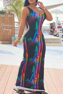 Black Sexy Casual Print Basic U Neck Long Dresses