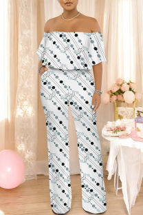 White Sexy Colorblock Floral Print Pocket Ruffle Off Shoulder Loose Jumpsuits