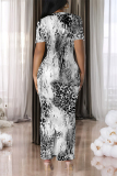 Blue Elegant Gradient Print Contrast O Neck Printed Short Sleeve Dress