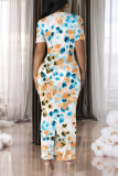 Blue Elegant Gradient Print Contrast O Neck Printed Short Sleeve Dress
