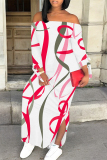 Light Gray Sexy Chain print Slit Contrast Off Shoulder Printed Dresses