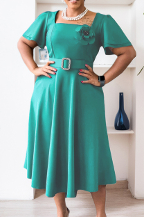 Green Casual Daily Solid Color With Belt Flowers Square Neck A Line Short Sleeve Dress