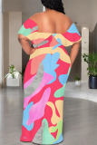 Orange Sexy Colorblock Print Flounce Contrast Off Shoulder Printed Dresses