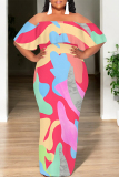 Orange Sexy Colorblock Print Flounce Contrast Off Shoulder Printed Dresses