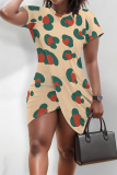 Beige Casual Geometric Print Irregular Contrast O Neck Printed Short Sleeve Dress