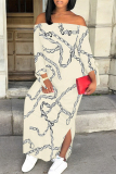 Light Gray Sexy Chain print Slit Contrast Off Shoulder Printed Dresses