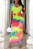 Blue Elegant Gradient Print Contrast O Neck Printed Short Sleeve Dress