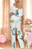 Purple Sexy Colorblock Floral Print Pocket Ruffle Off Shoulder Loose Jumpsuits