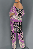 Purple Sexy Colorblock Floral Print Pocket Ruffle Off Shoulder Loose Jumpsuits