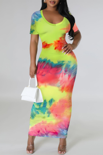 Colour Elegant Gradient Print Contrast O Neck Printed Short Sleeve Dress