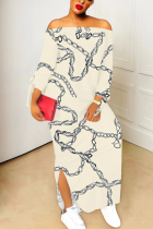 Apricot Sexy Chain print Slit Contrast Off Shoulder Printed Dresses
