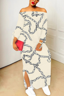 Apricot Sexy Chain print Slit Contrast Off Shoulder Printed Dresses