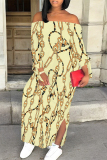 Light Gray Sexy Chain print Slit Contrast Off Shoulder Printed Dresses