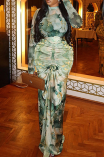 Green Casual Print Ruched Half A Turtleneck Long Sleeve Two Pieces